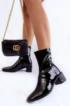 Damskie Lakierowane Botki Na Obcasie Vinceza 23-10791 Czarne