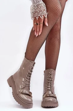 Damskie Lakierowane Botki Workery Z Ozdobą Beżowe S.Barski MR870-67