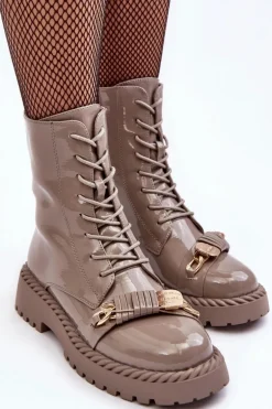 Damskie Lakierowane Botki Workery Z Ozdobą Beżowe S.Barski MR870-67