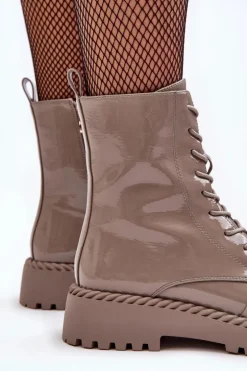Damskie Lakierowane Botki Workery Z Ozdobą Beżowe S.Barski MR870-67