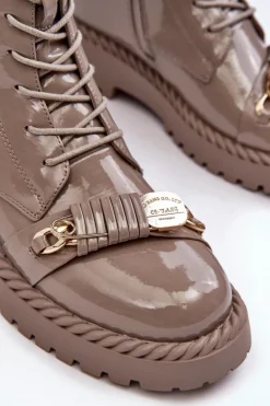 Damskie Lakierowane Botki Workery Z Ozdobą Beżowe S.Barski MR870-67