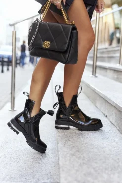 Damskie Lakierowane Botki Z Wycięciami Czarne Melbourne