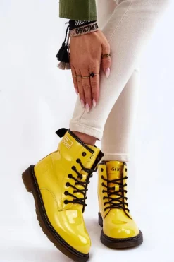 Damskie Lakierowane Botki Ocieplane GOE II2N4054 Żółte