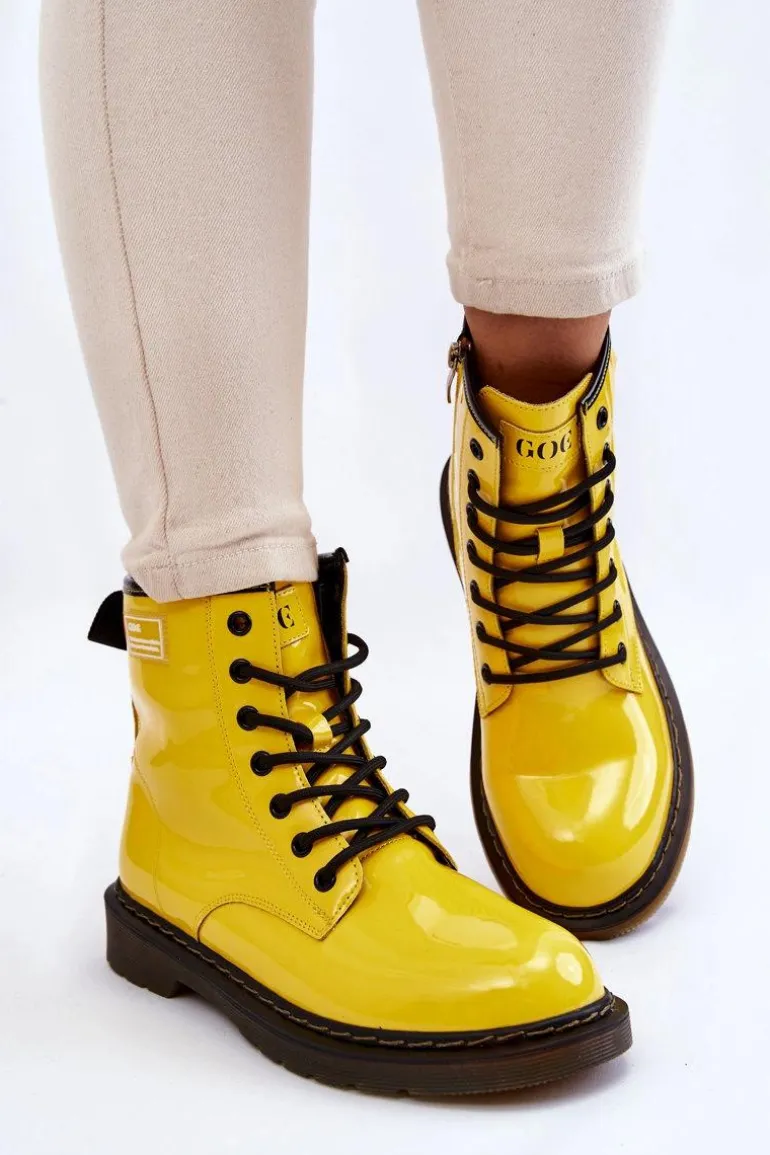 Damskie Lakierowane Botki Ocieplane GOE II2N4054 Żółte