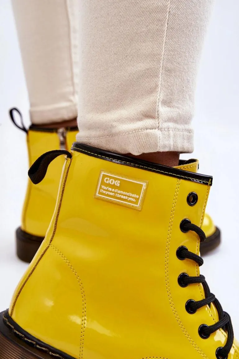Damskie Lakierowane Botki Ocieplane GOE II2N4054 Żółte