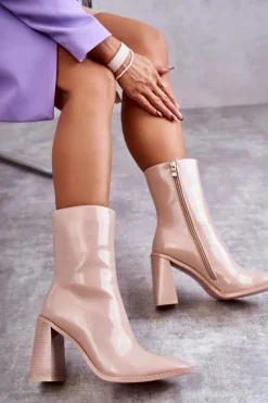 Damskie Lakierowane Botki Kozaki Beżowe Margit