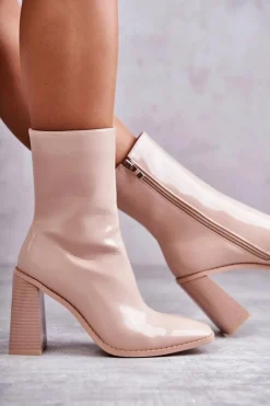 Damskie Lakierowane Botki Kozaki Beżowe Margit