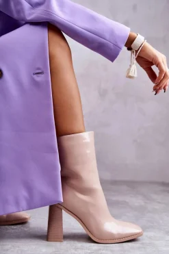 Damskie Lakierowane Botki Kozaki Beżowe Margit