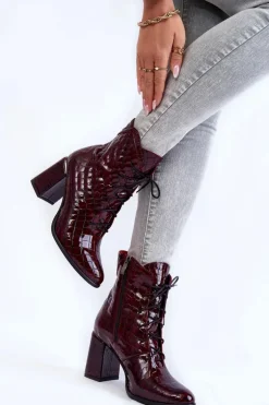Damskie Lakierowane Botki Na Obcasie Krokodyli Wzór Bordowe Alva