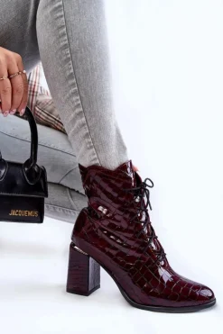 Damskie Lakierowane Botki Na Obcasie Krokodyli Wzór Bordowe Alva