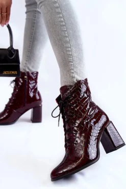 Damskie Lakierowane Botki Na Obcasie Krokodyli Wzór Bordowe Alva