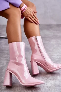 Damskie Lakierowane Botki Kozaki Różowe Margit