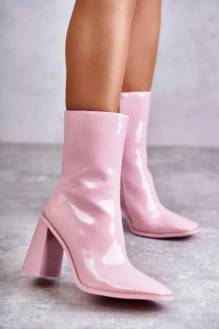Damskie Lakierowane Botki Kozaki Różowe Margit