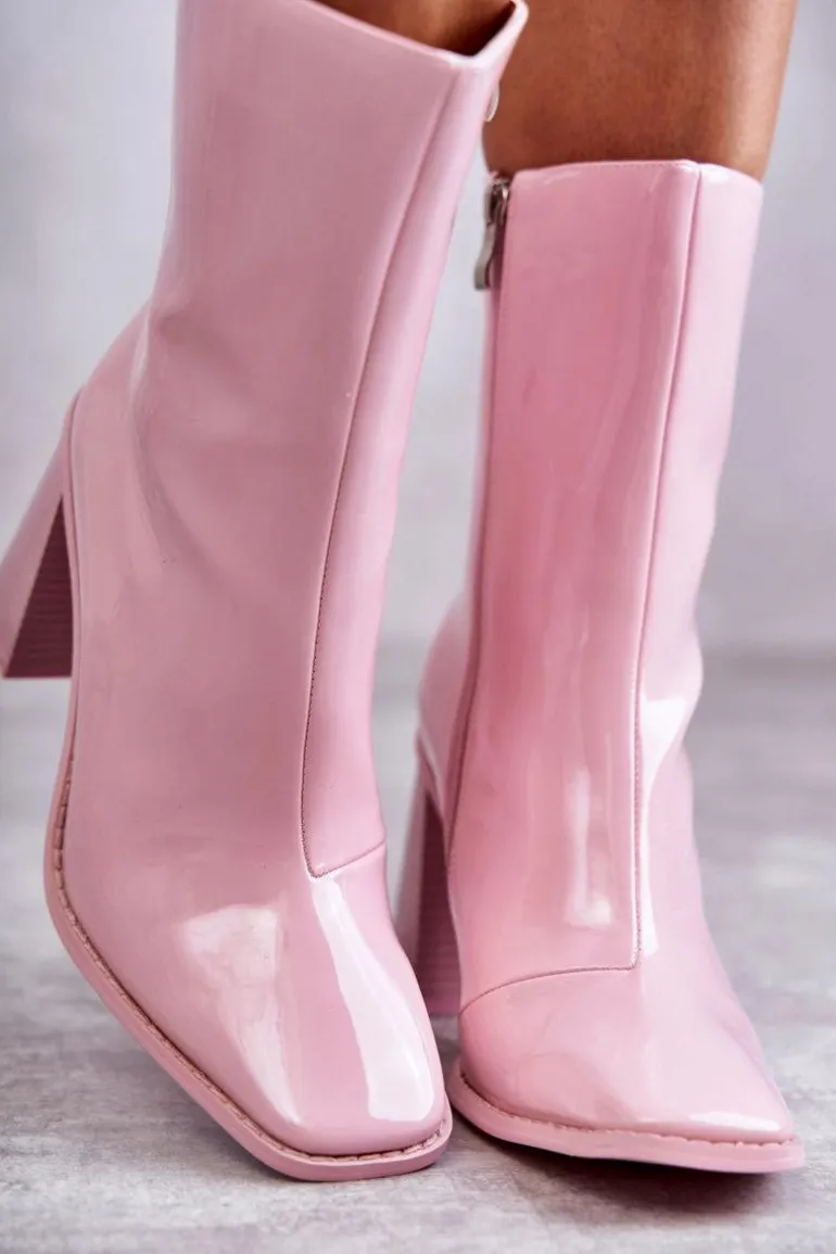 Damskie Lakierowane Botki Kozaki Różowe Margit
