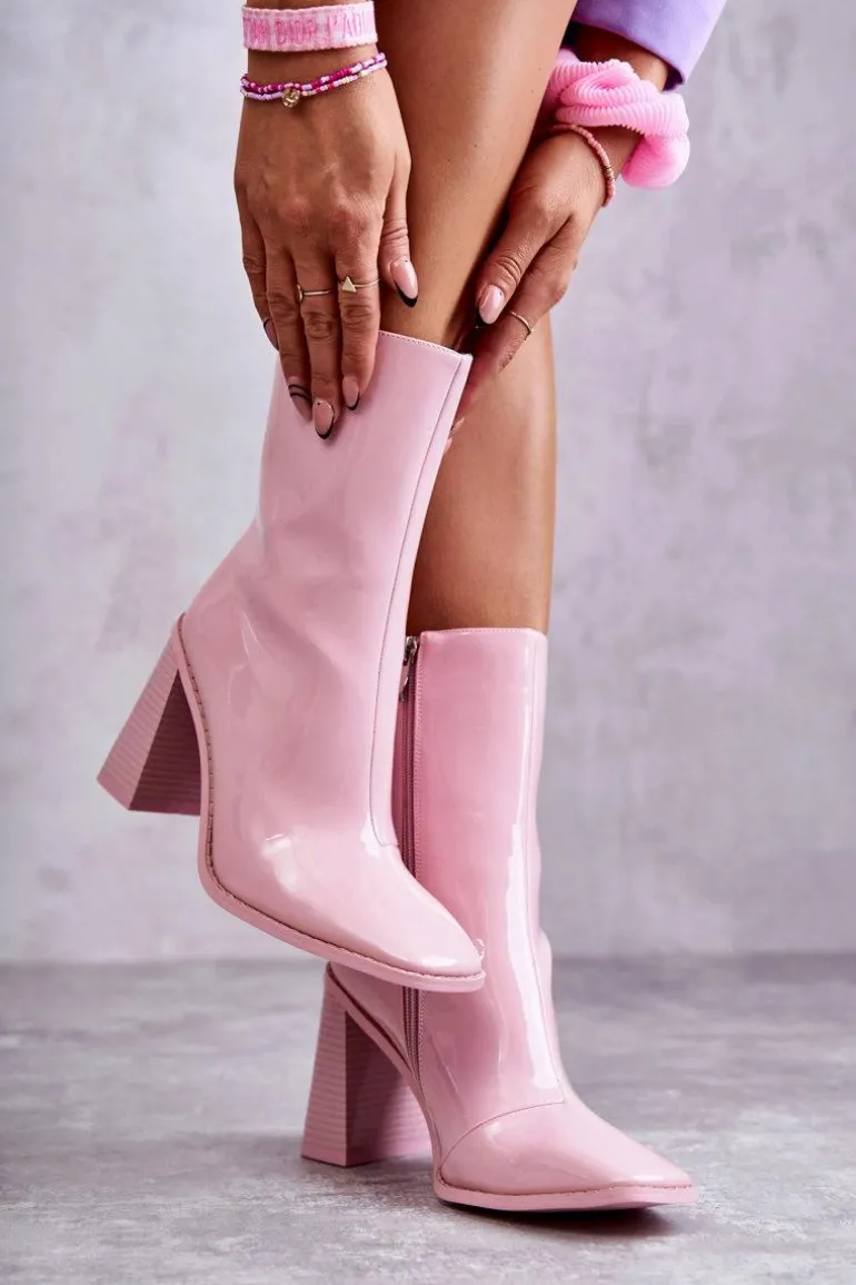 Damskie Lakierowane Botki Kozaki Różowe Margit