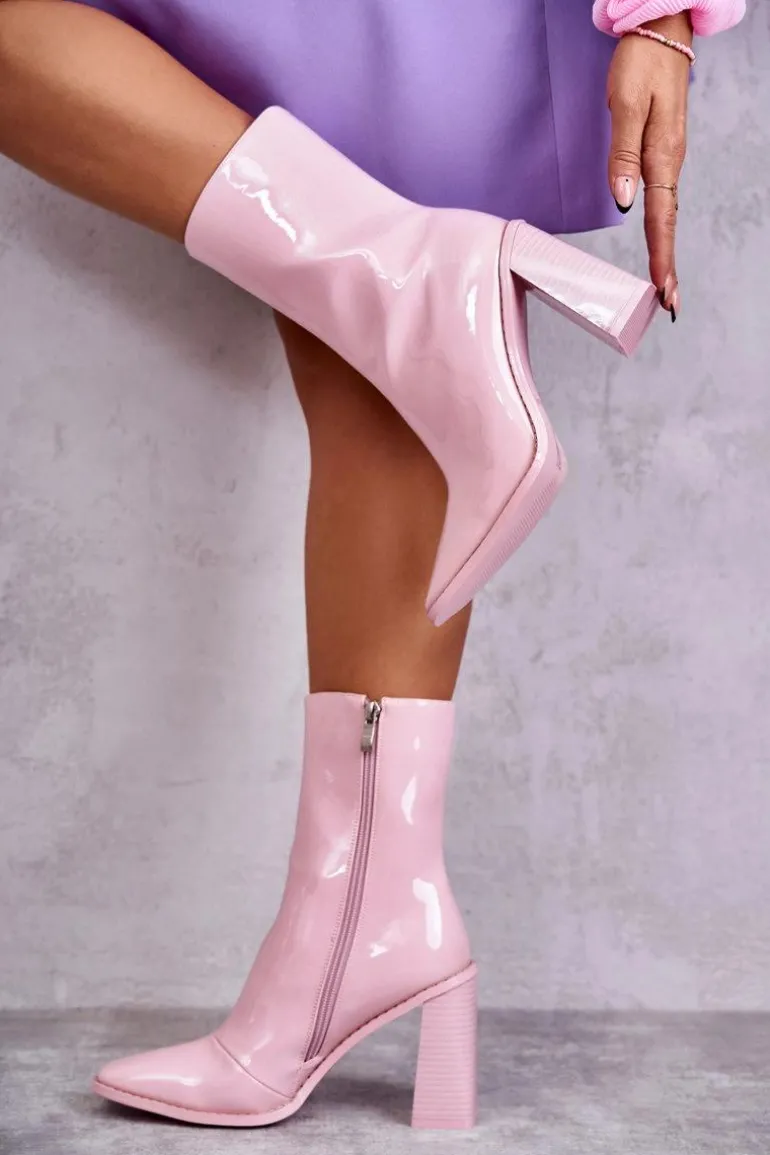Damskie Lakierowane Botki Kozaki Różowe Margit