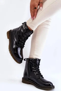 Damskie Lakierowane Botki Ocieplane GOE II2N4050 Czarne