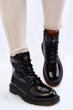 Damskie Lakierowane Botki Ocieplane GOE II2N4050 Czarne