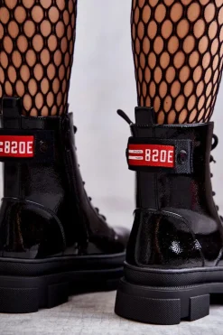 Damskie Lakierowane Botki Workery Sznurowane Czarne Conny