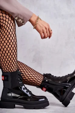 Damskie Lakierowane Botki Workery Sznurowane Czarne Conny