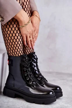 Damskie Lakierowane Botki Workery Sznurowane Czarne Conny