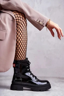 Damskie Lakierowane Botki Workery Sznurowane Czarne Conny