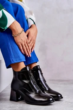 Damskie Lakierowane Botki Z Suwakami Czarne Cristel