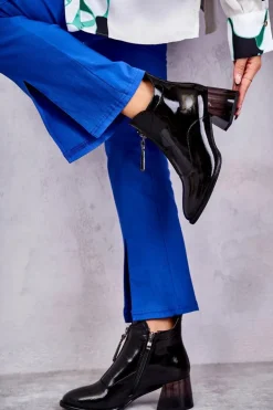 Damskie Lakierowane Botki Z Suwakami Czarne Cristel