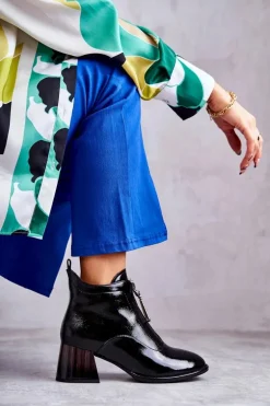 Damskie Lakierowane Botki Z Suwakami Czarne Cristel