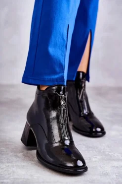 Damskie Lakierowane Botki Z Suwakami Czarne Cristel