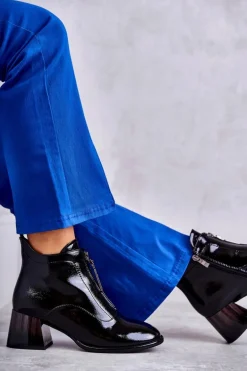 Damskie Lakierowane Botki Z Suwakami Czarne Cristel