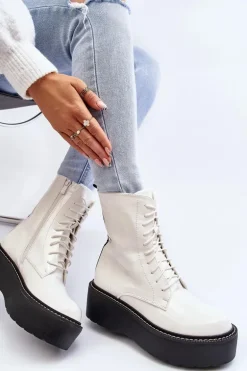 Damskie Lakierowane Botki Na Grubej Podeszwie Białe Movana