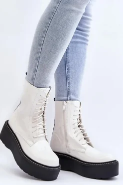 Damskie Lakierowane Botki Na Grubej Podeszwie Białe Movana