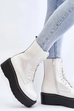 Damskie Lakierowane Botki Na Grubej Podeszwie Białe Movana