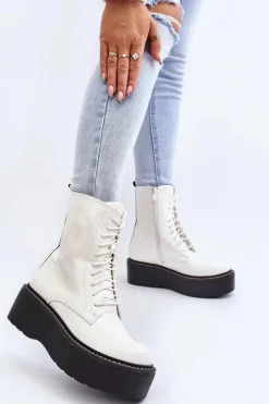 Damskie Lakierowane Botki Na Grubej Podeszwie Białe Movana