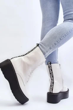 Damskie Lakierowane Botki Na Grubej Podeszwie Białe Movana