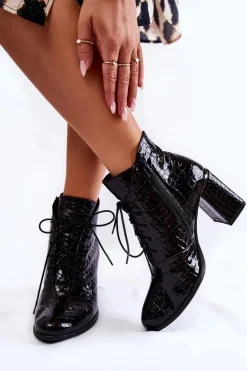 Damskie Lakierowane Botki Na Słupku Czarne Carrice