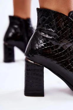 Damskie Lakierowane Botki Na Słupku Czarne Carrice