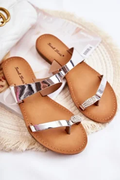 Damskie Lakierowane Klapki Japonki Srebrne Jimena