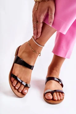 Damskie Lakierowane Klapki Japonki Czarne Jimena