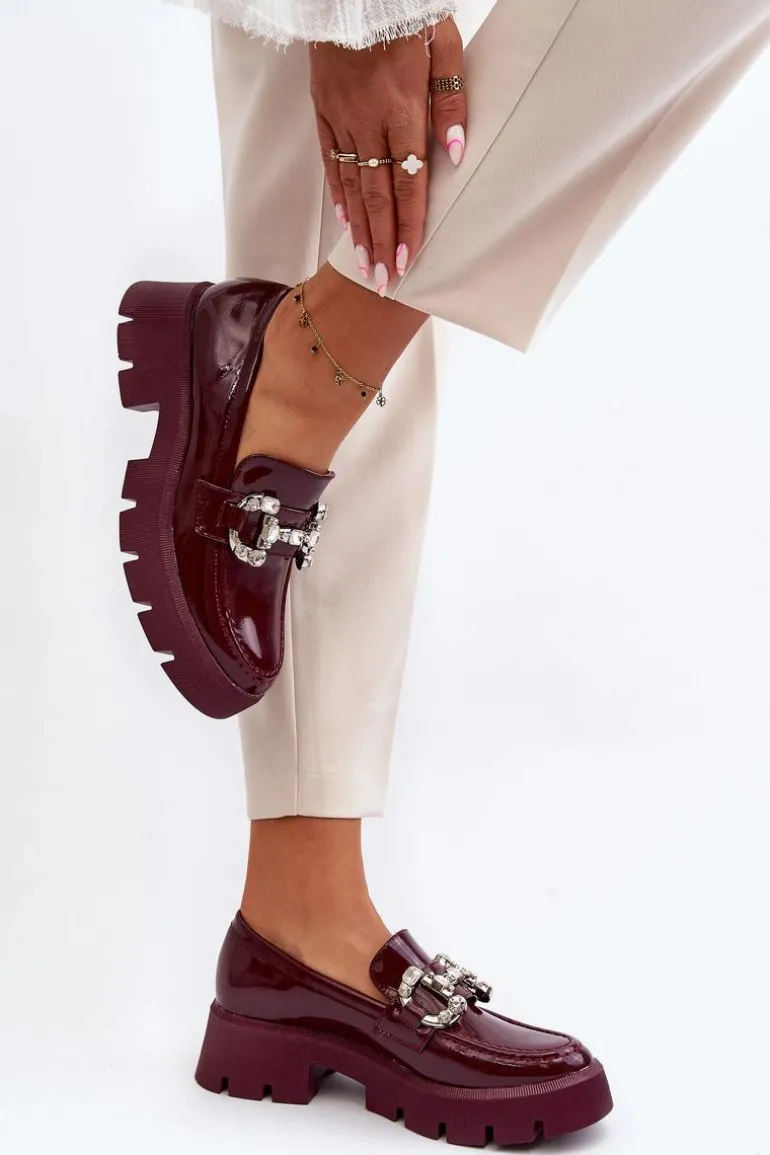 Damskie Lakierowane Mokasyny Z Ozdobą Bordowe Arsaba
