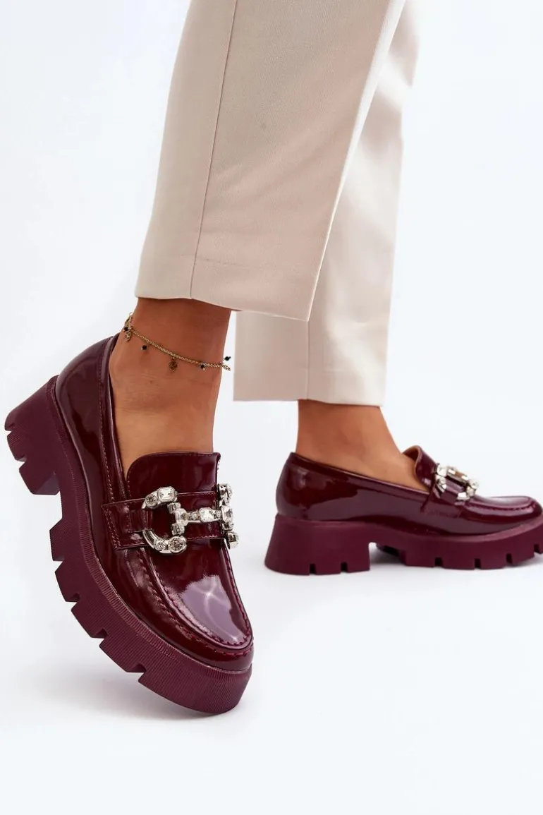 Damskie Lakierowane Mokasyny Z Ozdobą Bordowe Arsaba