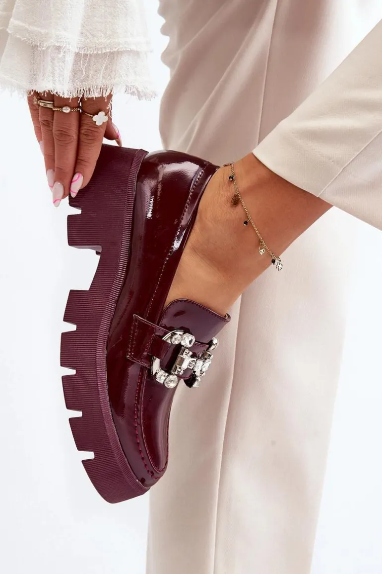 Damskie Lakierowane Mokasyny Z Ozdobą Bordowe Arsaba