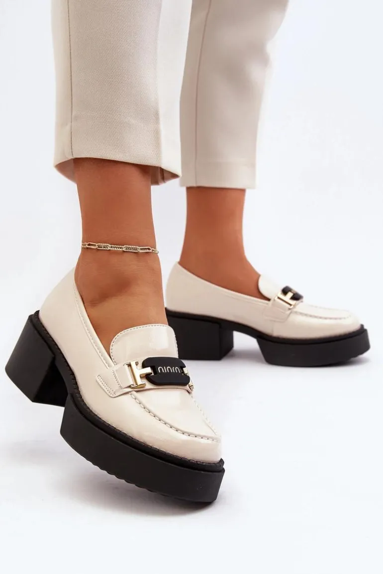 Damskie Lakierowane Mokasyny Na Masywnym Obcasie Jasnobeżowe Ridulvi