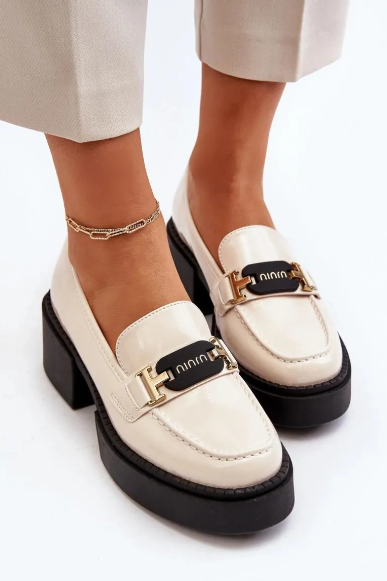 Damskie Lakierowane Mokasyny Na Masywnym Obcasie Jasnobeżowe Ridulvi