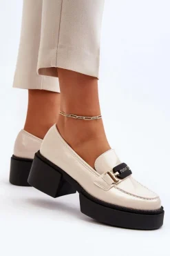 Damskie Lakierowane Mokasyny Na Masywnym Obcasie Jasnobeżowe Ridulvi
