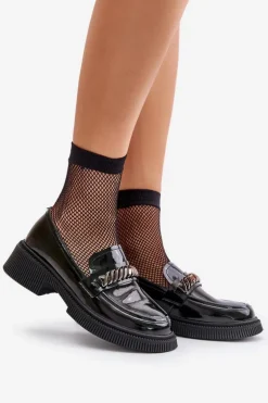 Damskie Lakierowane Mokasyny Loafersy Z Ozdobą D&A LZ42-030 Czarne