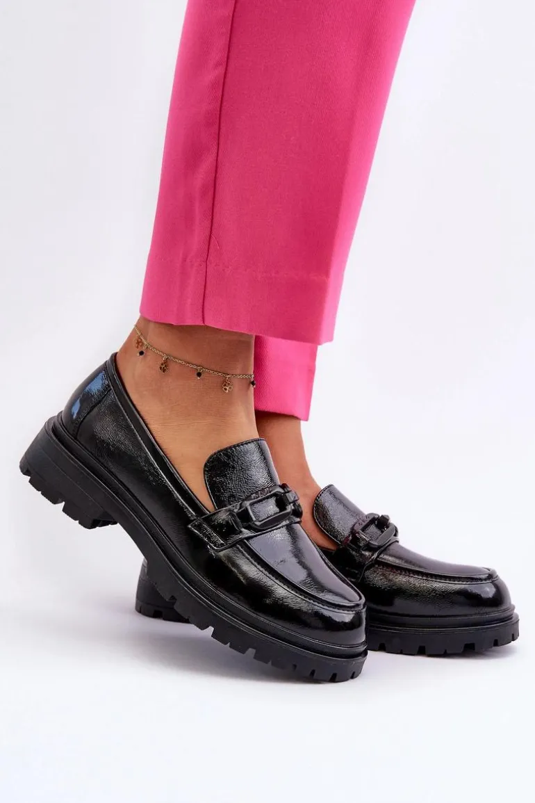 Damskie Lakierowane Mokasyny Ze Skóry Naturalnej Czarne Imbleria