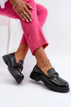 Damskie Lakierowane Mokasyny Ze Skóry Naturalnej Czarne Imbleria