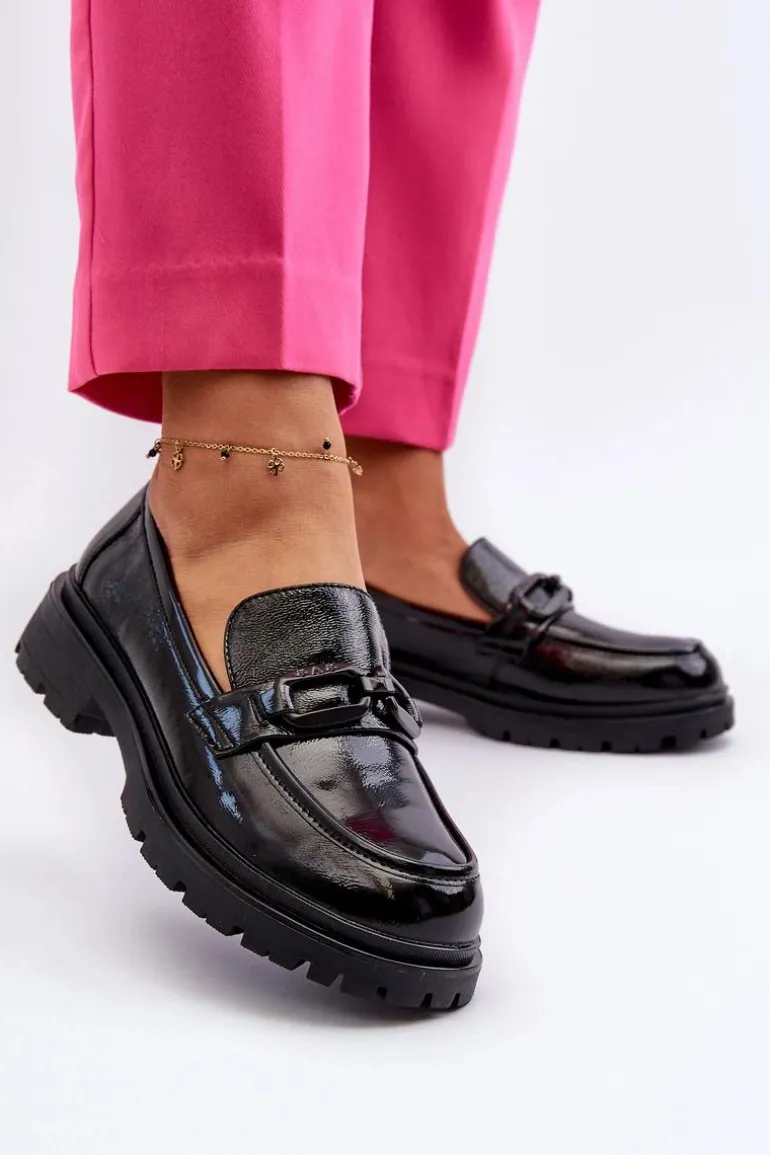 Damskie Lakierowane Mokasyny Ze Skóry Naturalnej Czarne Imbleria